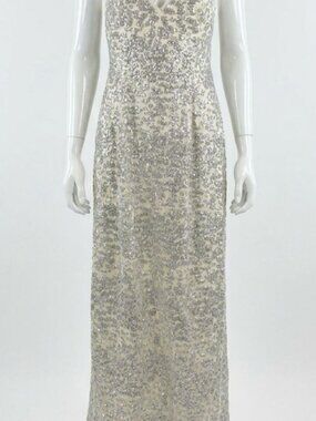 $3595 Markarian Women's Silver Silk Lined Sequined V-Neck Gown Dress Size 4